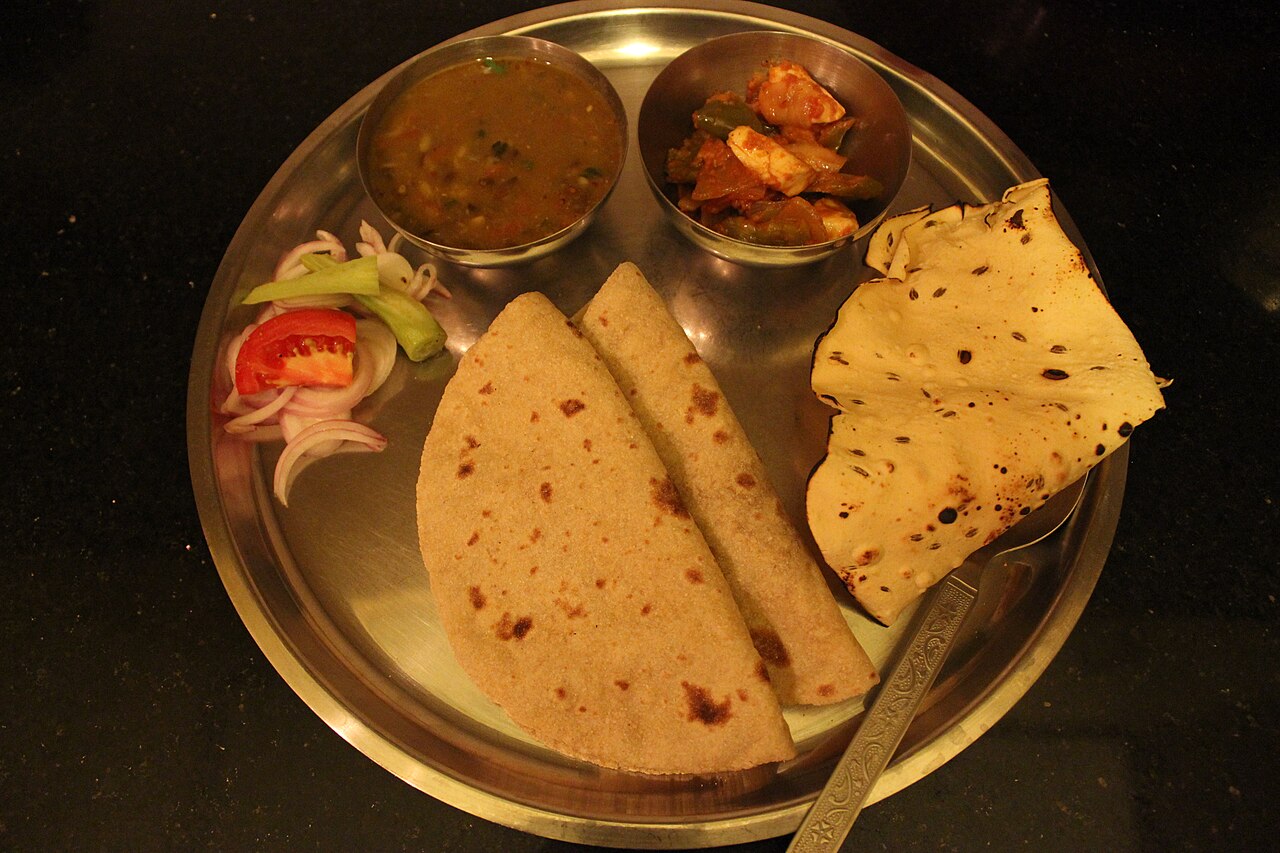 Punjabi thali with dal, vegetables, chapati and salad