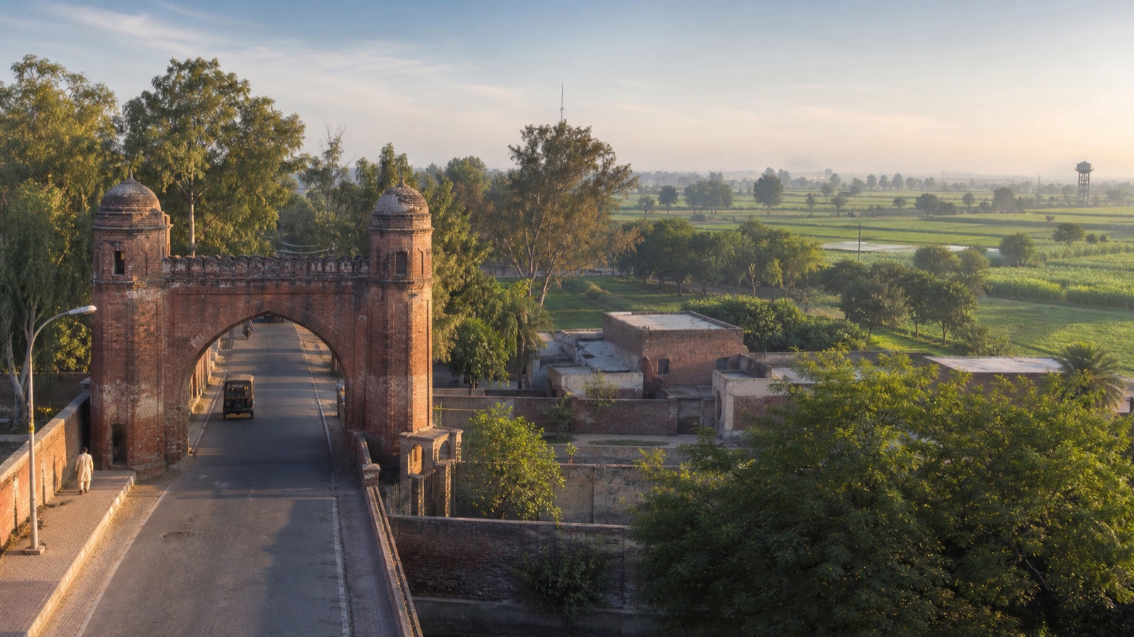 An editorial view of a heritage brick gateway, tree-lined road and fields representing Ferozepur